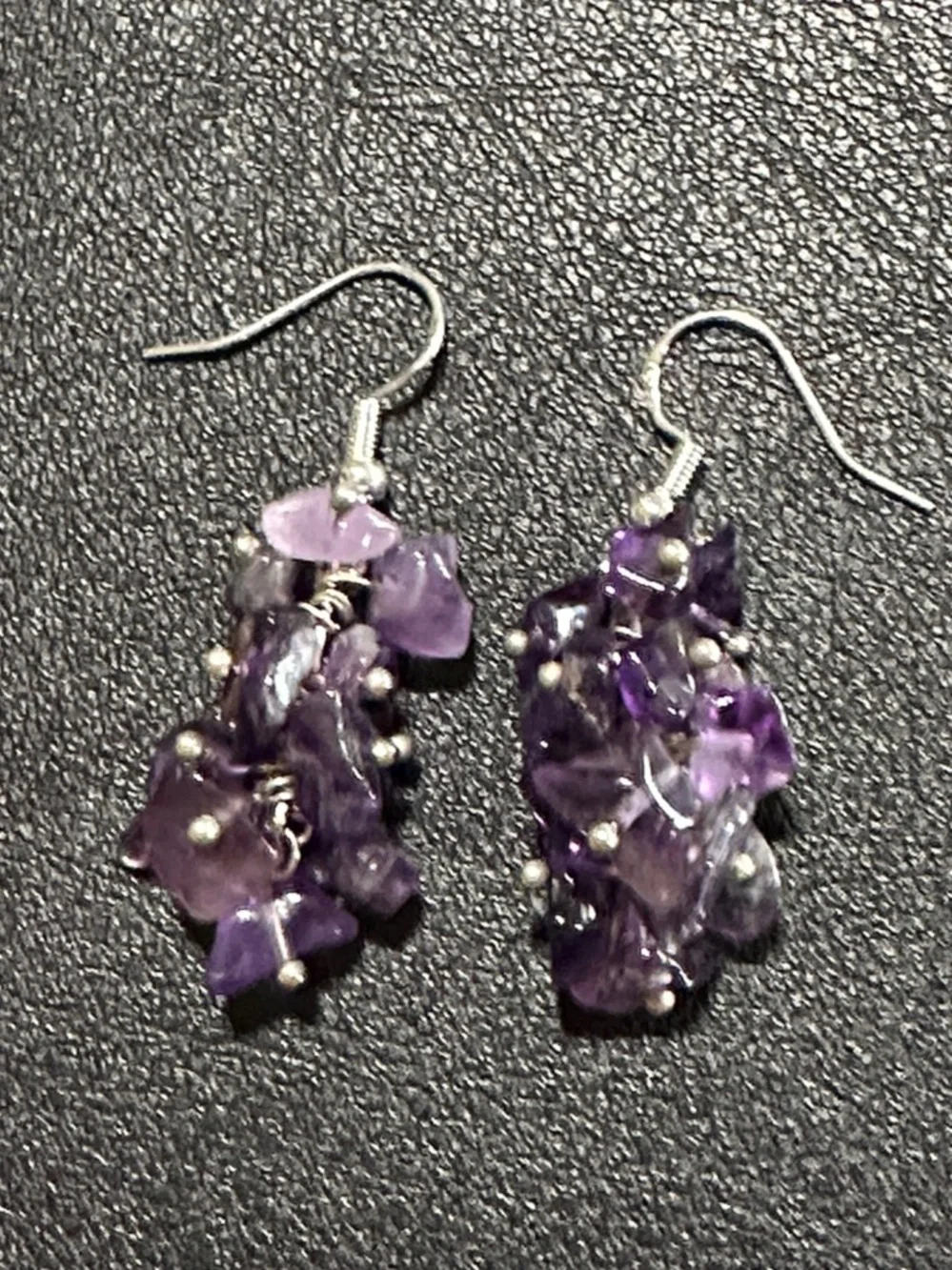 Polished Purple Amethyst Chip Cluster Drop Earrings 925 Wire Back